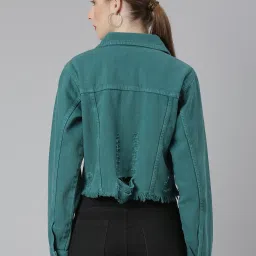 showoffff SHOWOFF Teal Regular Fit Crop Denim Jacket image 2