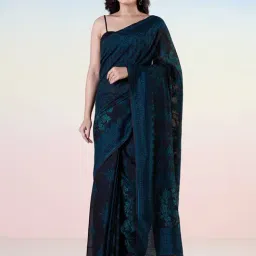 navyasa by liva Bottle Green Woven Saree With Unstitched Blouse-image-1