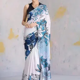 navyasa by liva White & Blue Printed Saree With Unstitched Blouse-image-27