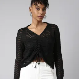 SHOWOFFFF Black Self Design Crop Top-image-1