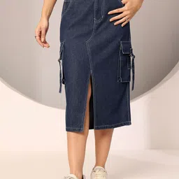 DOLCE CRUDO Cargo Straight Midi Denim Skirt-picture-24