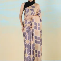 navyasa by liva Purple & Beige Geometric Print Saree With Unstitched Blouse-image-46