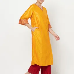 Fabindia Women Yellow Solid Flared Sleeves Kurta image 2