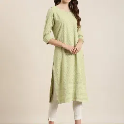 SHOWOFFFF Lime Green Cotton Embellished Kurta image 4