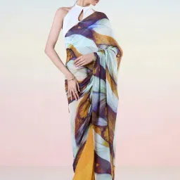 navyasa by liva Mustard Printed Saree With Unstitched Blouse-picture-18