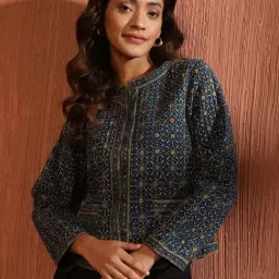 Fabindia Teal Blue Cotton Printed Jacket-image-8