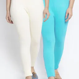 Gracit Off-White & Blue Mid Rise Leggings - Pack Of 2 image 1