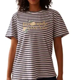 La Vie En Rose Blue Romantic Bouquet Lemon Print & Striped Regular Fit T Shirt-image-73