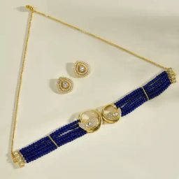 Voylla Gold Panchhi Kruttika Blue Choker Necklace & Earring Set-picture-1