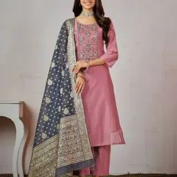 Ishin Pink Embroidered Kurta With Pant & Dupatta-image-24