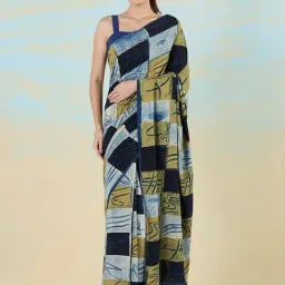 navyasa by liva Blue & Yellow Printed Saree With Unstitched Blouse-picture-19