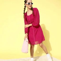 DODO & MOA Fuchsia Self Design A Line Dress-picture-32