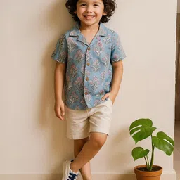 Urban Birdie Boys Comfort Fit Floral Printed Cuban Collar Cotton Casual Shirt-picture-13