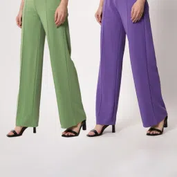 Kotty Green & Purple Solid High rise Trousers (Pack Of 2)-image-54