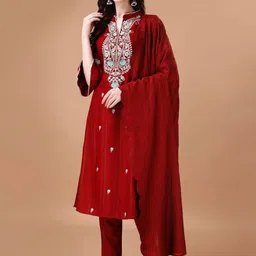 VARAMYA Women Ethnic Motifs Embroidered A-Line Kurta with Trousers & Dupatta-picture-14