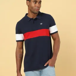 Wrangler Blue Cotton Regular Fit Colour Block Polo T-Shirt-image-70