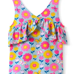 Babyhug Cotton Knit Sleeveless Top with Floral Print & Frill Detailing - Blue-picture-28