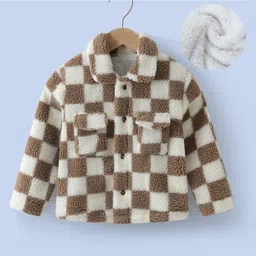 Kookie Kids Full Sleeves Collar Neck Winter Fur Jacket with Checks Design - Cream-picture-21