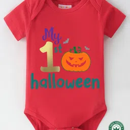 BLUSHES 100% Cotton Halloween Theme Half Sleeves My 1st Halloween Text Printed Onesie - Red-picture-21