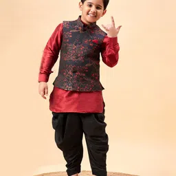 Vastramay Silk Full Sleeves Solid Kurta & Dhoti With Floral Printed Nehru Jacket Set - Black And Maroon-picture-18