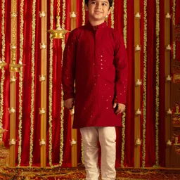 Vastramay Cotton Full Sleeves Schiffli Embroidered & Sequins Embellished Kurta & Pyjama Set - Maroon & White-picture-39
