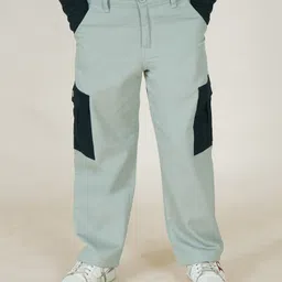 Kiddopanti Cotton Full Length Cargo Pant With Contrast Pocket - Light Green & Black image 1