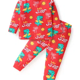 Babyhug Cotton Knit Full Sleeves Night Suit with Dino Print - Red image 1