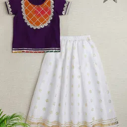 The Magic Wand Half Sleeves Lace Embelished & Foil Motifs Printed Pattu Pavadai Lehenga Choli Set - Purple & White-image-80
