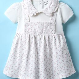 CUCUMBER Interlock Knit Half Sleeves Frock with Leaves Print & Frill Detailing - Off White-picture-26