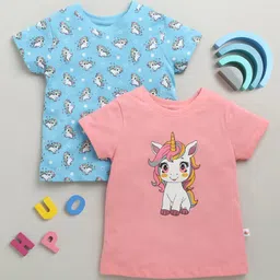 BUMZEE Cotton Pack Of 2 Half Sleeves Baby Unicorns Printed Tees - Blue & Pink-picture-17