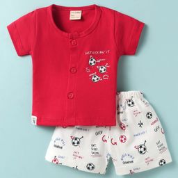 CUCUMBER Sinker Knit Half Sleeves Shorts Night Suit with Sport Theme Print - Red-picture-48