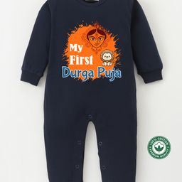 BLUSHES 100% Cotton Knit Durga Puja Theme Full Sleeves My First Durga Puja Text Printed Romper - Navy Blue-picture-36