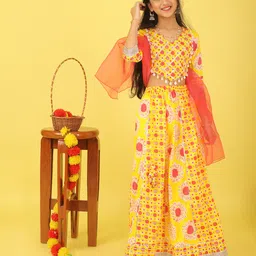 ISHTI Cotton Woven Three Fourth Sleeves Floral Printed Gota Lace Embellished Lehenga Choli With Dupatta Set - Yellow-picture-15