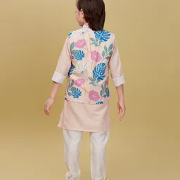 Ministitch Cotton Silk Woven Full Sleeves Floral & Leaves Printed Kurta Pyjama Set With Nehru Jacket - Beige image 3