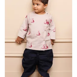 Polka Tots Full Sleeves Boat Embroidered Kurta  With Dhoti - Cream image 4