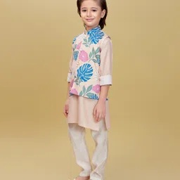 Ministitch Cotton Silk Woven Full Sleeves Floral & Leaves Printed Kurta Pyjama Set With Nehru Jacket - Beige image 4