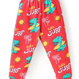 Babyhug Cotton Knit Full Sleeves Night Suit with Dino Print - Red image 3