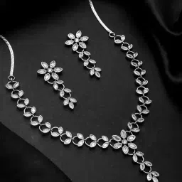 Voylla Silver Sparkling Essentials Luminary Floral American Diamond Necklace & Earring Set-picture-19