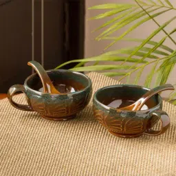 ExclusiveLane 'Amber & Teal' Studio Pottery Soup Bowls With Spoons In Ceramic (Set Of 2)-image-46
