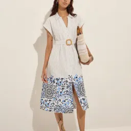 Bombay Paisley by Westside Blue Cotton Blend Shirt Dress with Belt-picture-45