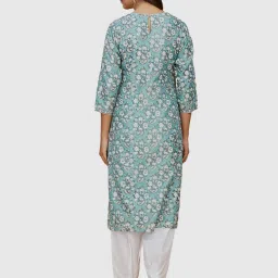 Fabindia Aqua Blue Floral Print Straight Kurta image 2