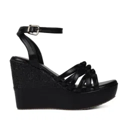 Iconics Women's Black Ankle Strap Wedges image 2