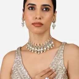 Zaveri Pearls Green Stones Rajwada Kundan Choker Necklace Earring & Ring Set-ZPFK17279-picture-37