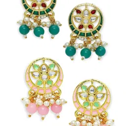 OOMPH Combo of 2 Green & Pink Meenakari Ethnic Stud Earrings For Women image 2