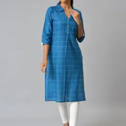 Aurelia Blue Cotton Chequered Straight Kurta-image-88