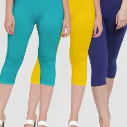 Gracit Blue & Yellow Mid Rise Capris - Pack Of 3-image-80