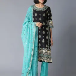 Aurelia Black & Sky Blue Printed Kurta Pant Set With Dupatta image 1