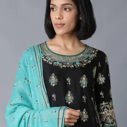 Aurelia Black & Sky Blue Printed Kurta Pant Set With Dupatta image 5