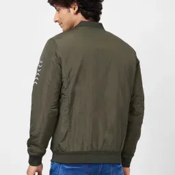 Spykar Olive Puffer Jacket With Sleeve & Zipper Pocket Printed Detail image 2