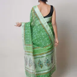 Unnati Silks Green Cotton Floral Print Saree With Unstitched Blouse image 2